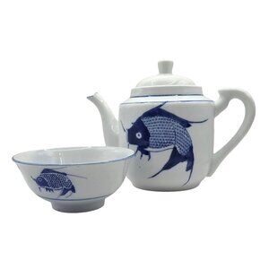 Vintage China Traditional Blue & White Koi Fish Teapot & Bowl Set